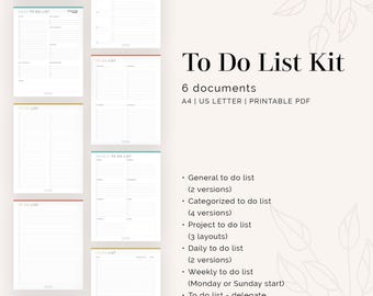 To Do List Bundled Kit (6 documents) - Fillable - Printable PDF - Task Management, Productivity Planner - Instant Download