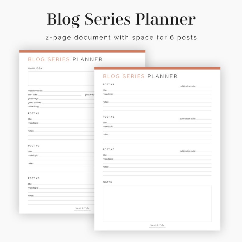 May include: A printable blog series planner with space for six posts. The planner includes sections for main idea, main topic, title, notes, and publication date. The planner is designed to help bloggers plan and organize their blog series.