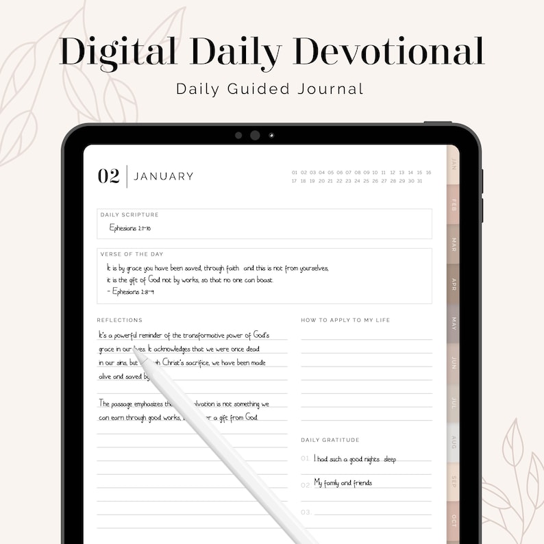 May include: Digital Daily Devotional journal displayed on a tablet. The screen shows a daily guided journal entry for January 2nd, with sections for scripture, verse of the day, reflections, and gratitude. A stylus rests on the screen.
