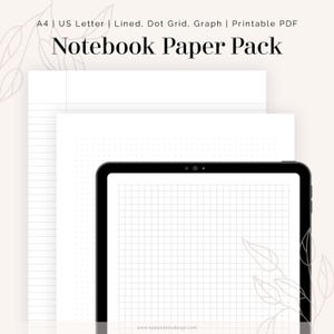 May include: A digital notebook paper pack with lined, dot grid, and graph paper options. The image shows a tablet displaying a grid pattern, with lined and dot grid paper sheets behind it. The text reads "Notebook Paper Pack".