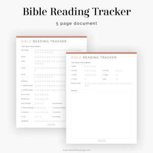 Puede incluir: Un rastreador de lectura de la Biblia imprimible con un dise&ntilde;o simple. El rastreador se divide en dos p&aacute;ginas, una para el Nuevo Testamento y otra para el Antiguo Testamento. Cada p&aacute;gina tiene una lista de libros de la Biblia con casillas para marcar a medida que los lees.
