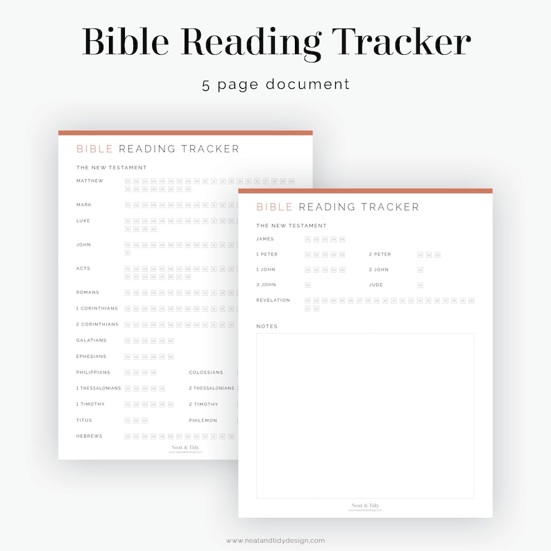 Puede incluir: Un rastreador de lectura de la Biblia imprimible con un dise&ntilde;o simple. El rastreador se divide en dos p&aacute;ginas, una para el Nuevo Testamento y otra para el Antiguo Testamento. Cada p&aacute;gina tiene una lista de libros de la Biblia con casillas para marcar a medida que los lees.