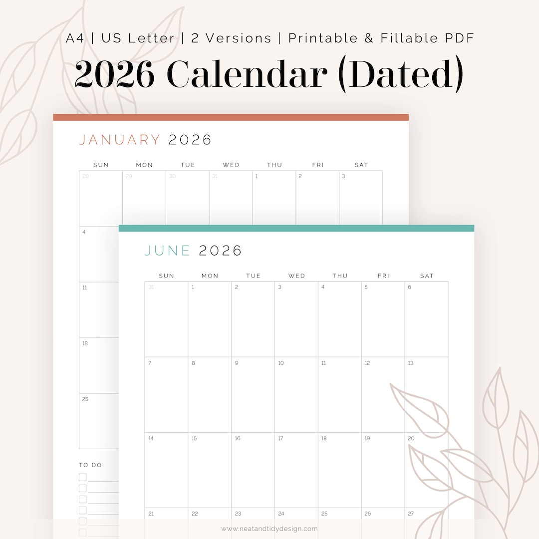 2026 Monthly Dated Calendar (2 Versions), Fillable and Printable PDF