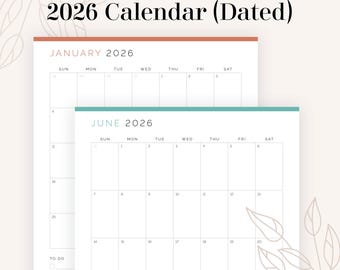 Calendário Mensal Datado 2026 (2 versões), PDF para Preencher e Imprimir | Planejador de Agenda Mensal 2026 | Download Instantâneo