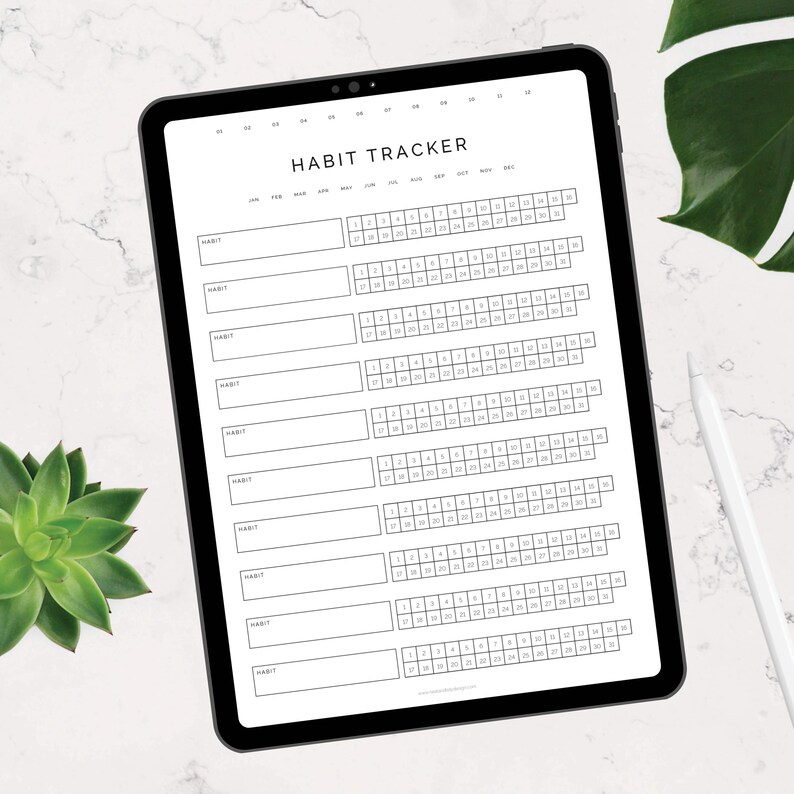 May include: A black and white digital habit tracker on a tablet screen. The tracker has a grid with 12 columns representing months of the year and 10 rows for different habits. Each cell in the grid can be marked to indicate whether a habit was completed on a particular day.