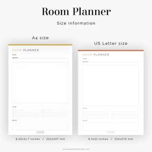 May include: Printable room planner template in two sizes: A4 (8.26 x 11.7 inches) and US Letter (8.5 x 11 inches). The template includes space for room name, dimensions, to-do list, and notes.