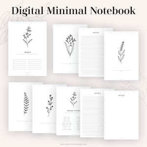 May include: A digital notebook with a minimalist design featuring black line drawings of various plants and flowers. The notebook includes pages for notes, an index, and paper types.