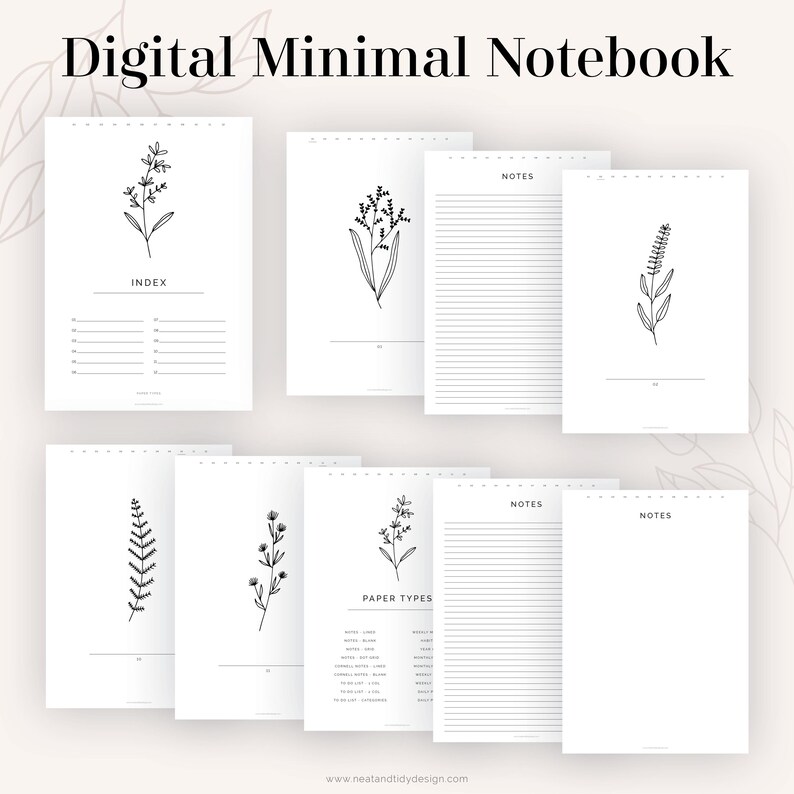 May include: A digital notebook with a minimalist design featuring black line drawings of various plants and flowers. The notebook includes pages for notes, an index, and paper types.