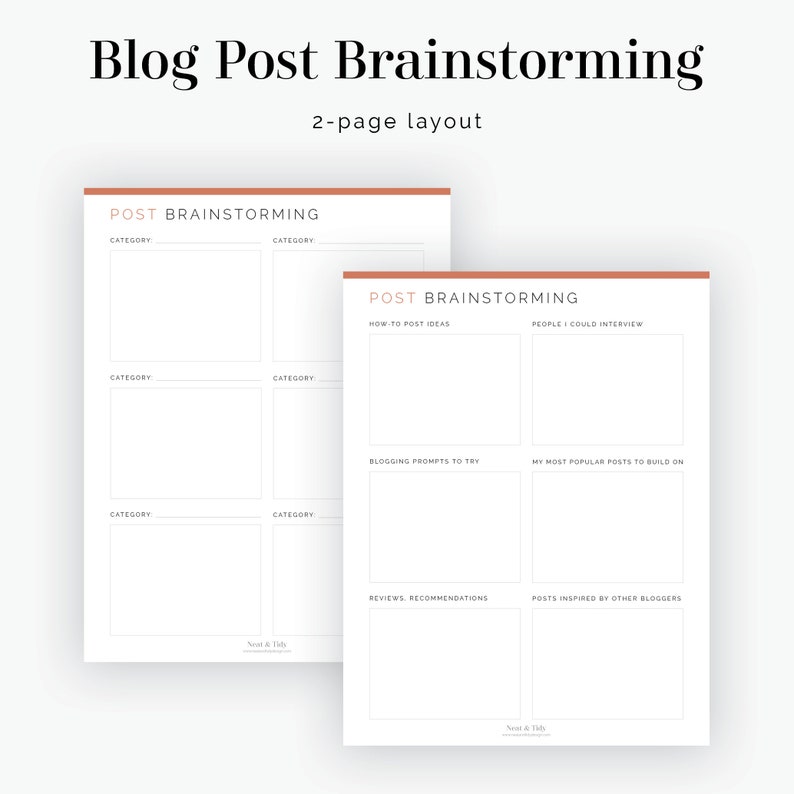 May include: A two-page printable worksheet for brainstorming blog post ideas. The worksheet includes sections for categories, how-to post ideas, people to interview, blogging prompts, most popular posts, reviews and recommendations, and posts inspired by other bloggers.