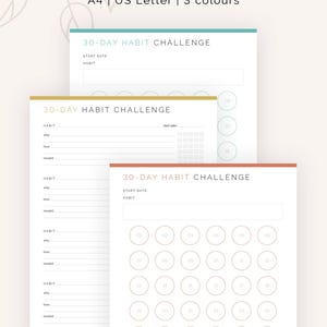 May include: Printable 30-day habit tracker with three different color schemes: teal, gold, and coral. Each tracker includes a section for the habit name, start date, why, how, and reward. The coral tracker has a circle for each day of the month.