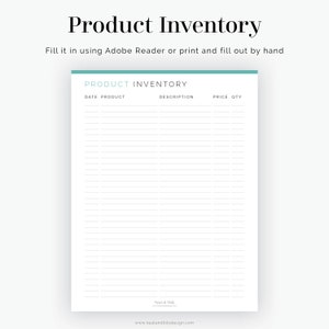 May include: A printable product inventory sheet with columns for date, product, description, price, and quantity. The sheet is designed to be filled out by hand or using Adobe Reader.