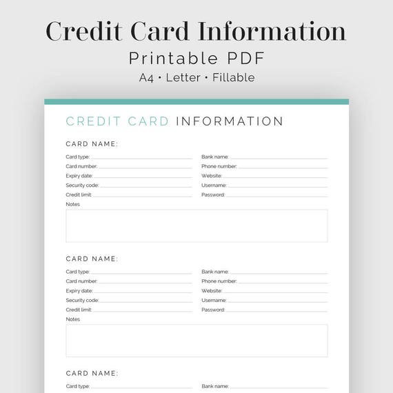 Credit Card Information Fillable Printable PDF Finance Etsy