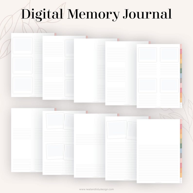 May include: Digital memory journal with lined pages and photo spaces. The journal has a colorful tabbed divider.