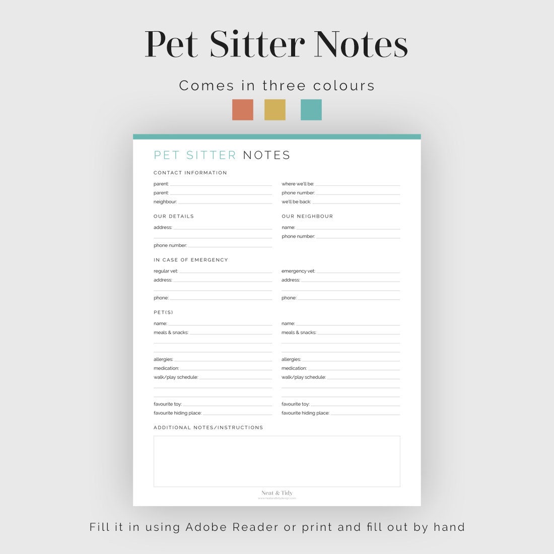 Pet Sitter Notes Fillable Printable PDF Household - Etsy