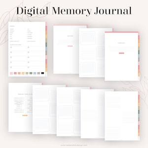 May include: Digital memory journal with a white background. The journal has a cover page with the title "Digital Memory Journal" and a table of contents with sections for "Index", "Custom Sections", and "Memory Templates". The journal also has pages for each month of the year, with space for photos and journaling.