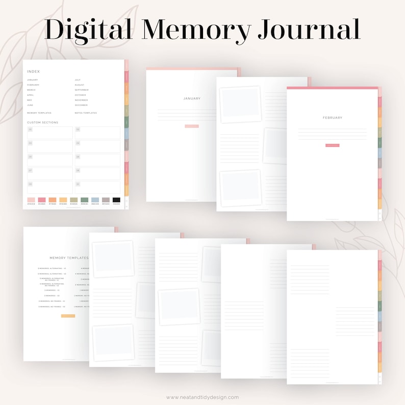 May include: Digital memory journal with a white background. The journal has a cover page with the title "Digital Memory Journal" and a table of contents with sections for "Index", "Custom Sections", and "Memory Templates". The journal also has pages for each month of the year, with space for photos and journaling.
