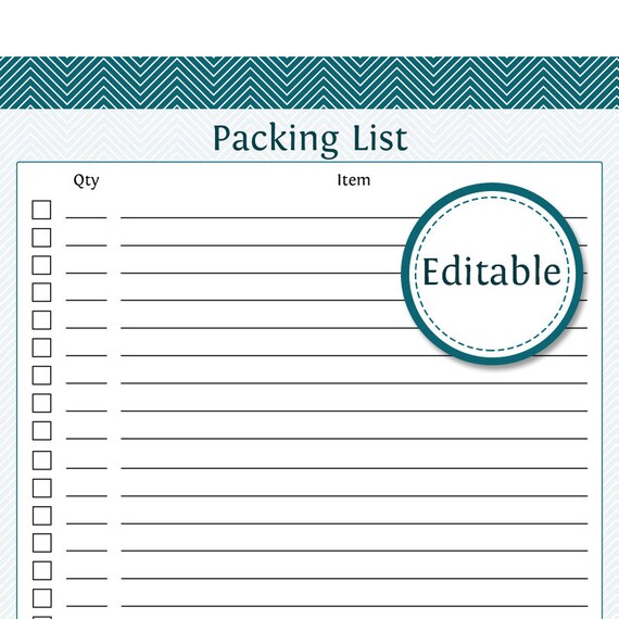 packing list fillable printable pdf instant download editable packing list