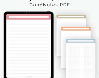 Pode incluir: Pacote de papel digital para GoodNotes PDF. O pacote inclui quatro estilos de papel diferentes: pautado, liso, quadriculado e pontilhado. Os papéis são exibidos na tela de um tablet.