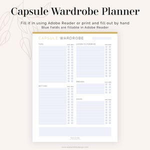 May include: A printable capsule wardrobe planner with sections for tops, layers/outerwear, dresses, bottoms, and shoes. The planner has checkboxes for "have" and "need" for each category. The text "Capsule Wardrobe Planner" is at the top of the page.