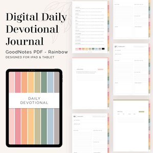 May include: A digital daily devotional journal for GoodNotes, designed for iPad and tablet. The cover features a rainbow striped design with the text "Daily Devotional" in white.