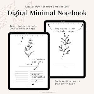 May include: Digital Minimal Notebook PDF for iPad and Tablets. The notebook has 12 custom sections with tabs and index pages that link to divider pages. Each section has its own divider page. The notebook has a minimalist design with black line drawings of plants.