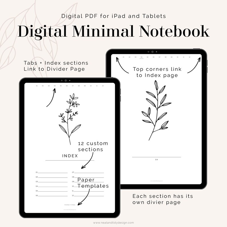 May include: Digital Minimal Notebook PDF for iPad and Tablets. The notebook has 12 custom sections with tabs and index pages that link to divider pages. Each section has its own divider page. The notebook has a minimalist design with black line drawings of plants.