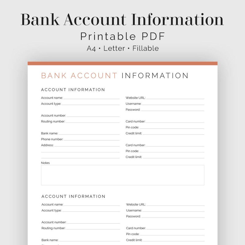 Bank Account Information Fillable Printable PDF Finance Etsy