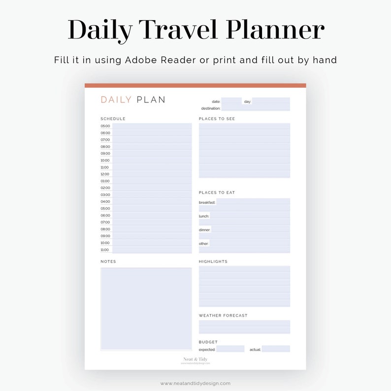 Daily Travel Planner - Fillable - Travel Planner, Vacation Planner ...