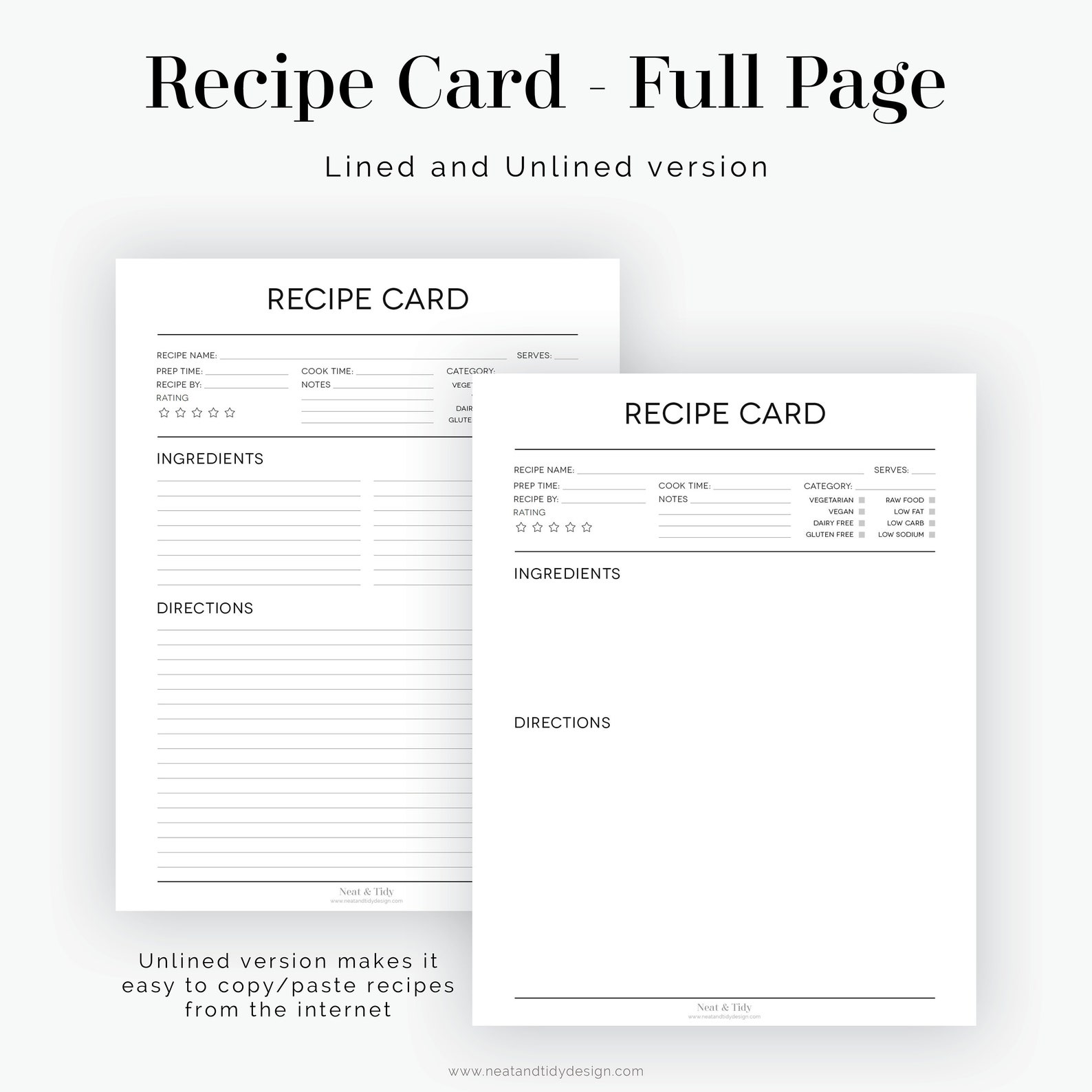 Recipe Card Full Page - Black &amp; White - Fillable - Printable PDF ...