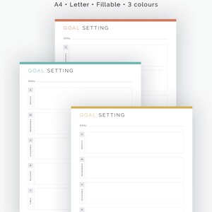 May include: Three printable goal setting worksheets in different colors: peach, teal, and gold. Each worksheet has a section for a goal and then a checklist of SMART goal criteria: Specific, Measurable, Achievable, Relevant, and Timely.