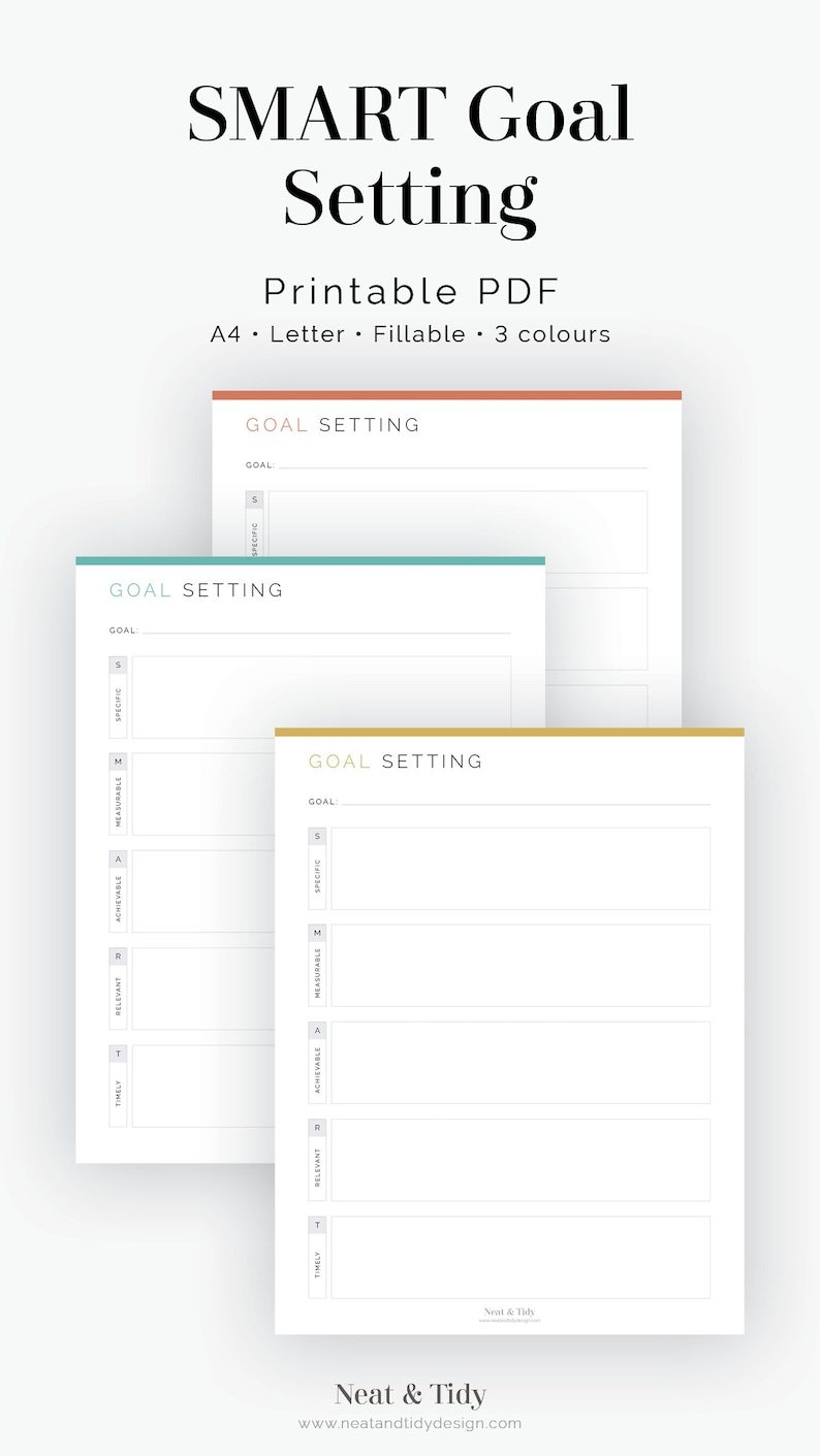 May include: Three printable goal setting worksheets in different colors: peach, teal, and gold. Each worksheet has a section for a goal and then a checklist of SMART goal criteria: Specific, Measurable, Achievable, Relevant, and Timely.