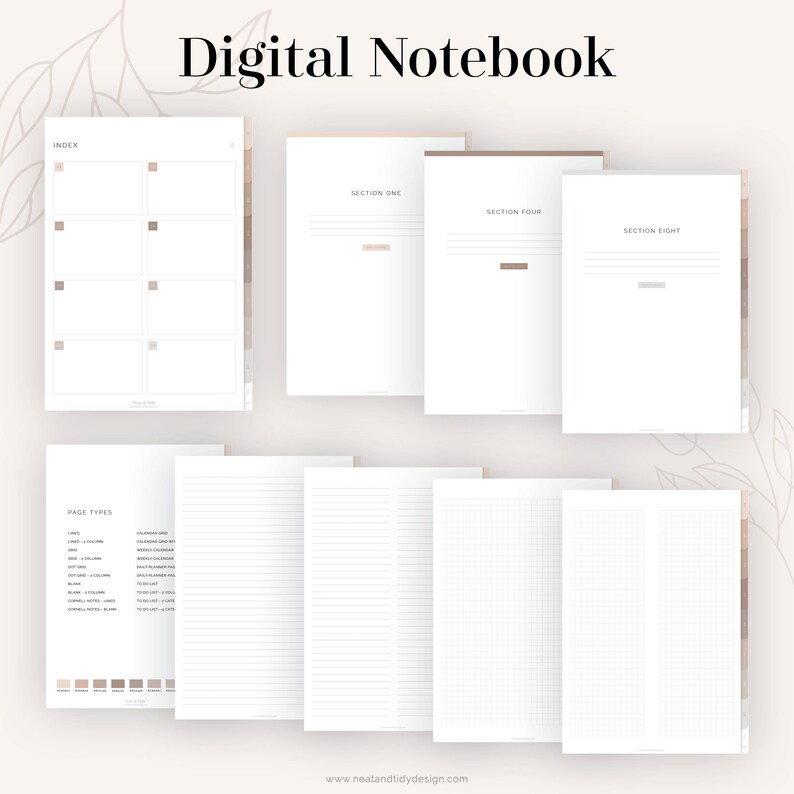 Puede incluir: Cuaderno digital con fondo blanco y borde marr&oacute;n claro. El cuaderno tiene una p&aacute;gina de &iacute;ndice, una p&aacute;gina con diferentes tipos de p&aacute;ginas y varias p&aacute;ginas en blanco con diferentes dise&ntilde;os. El texto "Cuaderno digital" est&aacute; en la parte superior de la imagen.