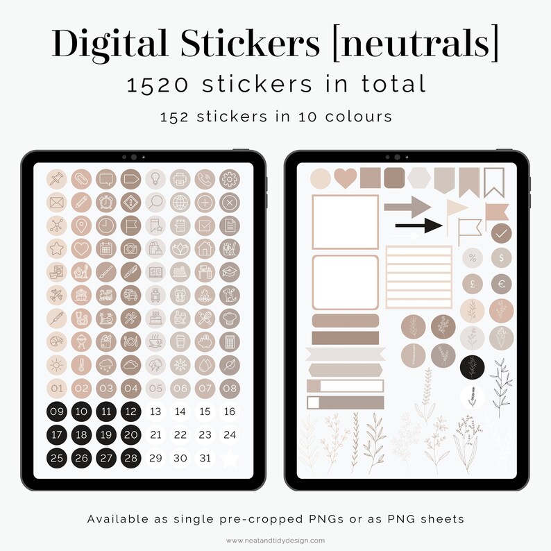 Op de afbeelding: Een digitale stickerblad met 1520 neutrale gekleurde stickers. De stickers zijn in twee secties georganiseerd. De eerste sectie bevat 152 stickers in 10 kleuren, en de tweede sectie bevat een verscheidenheid aan stickers, waaronder harten, pijlen, vlaggen en planten. De tekst "Digital Stickers [neutrals]" staat bovenaan de afbeelding, en de tekst "1520 stickers in total" staat eronder. De tekst "152 stickers in 10 colours" staat eronder. De tekst "Available as single pre-cropped PNGs or as PNG sheets" staat onderaan de afbeelding.