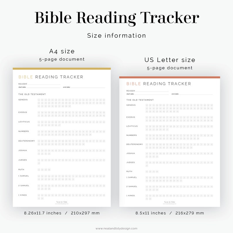 Puede incluir: Un rastreador de lectura de la Biblia imprimible en dos tama&ntilde;os: 21 x 29,7 cm (A4) y 21,6 x 27,9 cm (US Letter). El rastreador est&aacute; dise&ntilde;ado para ayudarte a llevar un registro de tu progreso en la lectura de la Biblia. Incluye una lista de libros del Antiguo Testamento y espacio para marcar cada d&iacute;a que lees.