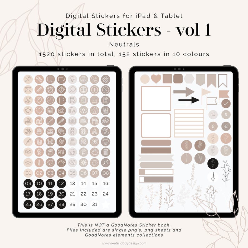 May include: Two digital tablets displaying neutral-toned digital stickers. The left tablet shows icons and numbers, while the right displays shapes and decorative elements. Text at the top reads "Digital Stickers - vol 1 Neutrals". The image includes the text "1520 stickers in total, 152 stickers in 10 colours."
