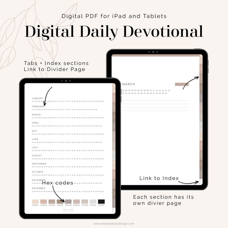 May include: Two black tablets displaying a digital daily devotional. The text "Digital Daily Devotional" is at the top. One tablet shows a calendar layout with months listed. The other tablet shows a monthly calendar view. Text includes "Tabs + Index sections" and "Link to Divider Page."