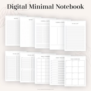 May include: A set of printable digital notebook pages in black and white. The pages include sections for notes, to-do lists, meal planning, habit tracking, and a year overview.