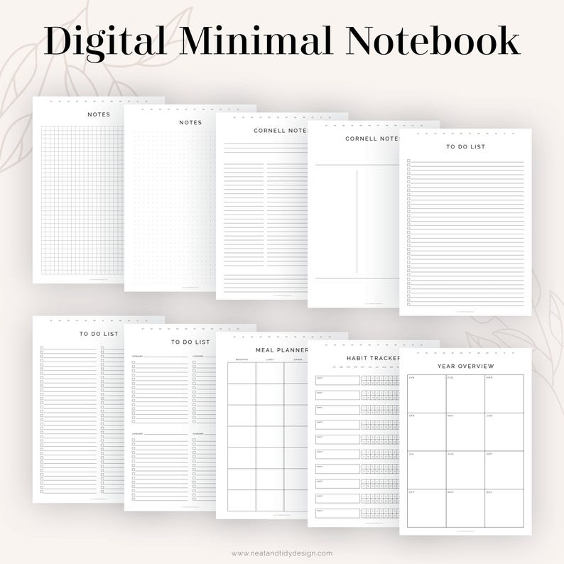 May include: A set of printable digital notebook pages in black and white. The pages include sections for notes, to-do lists, meal planning, habit tracking, and a year overview.