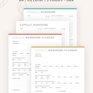May include: A printable capsule wardrobe planner with a light pink, light blue, and gold color scheme. The planner includes sections for wardrobe goals, style theme, base colors, neutral colors, accent colors, patterns, favorite clothes, favorite shoes, and wishlist items.