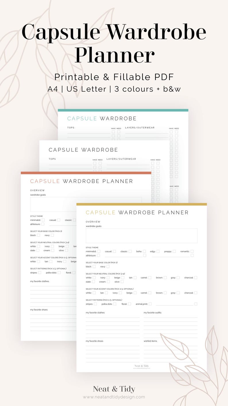 May include: A printable capsule wardrobe planner with a light pink, light blue, and gold color scheme. The planner includes sections for wardrobe goals, style theme, base colors, neutral colors, accent colors, patterns, favorite clothes, favorite shoes, and wishlist items.