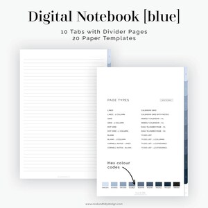 Op de afbeelding: Een digitaal notitieboek met 10 tabbladen en 20 papier sjablonen. Het notitieboek heeft een blauwe kleurstelling en bevat gelinieerde, geruite, gestippelde, blanco en Cornell-notitiepagina's. De paginatypen staan ​​op de rechterkant van de afbeelding, samen met hex-kleurcodes voor de blauwe tinten die in het ontwerp worden gebruikt.