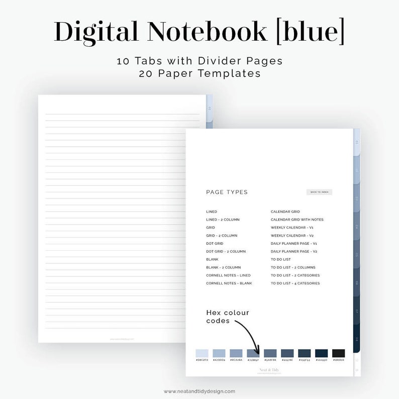 Op de afbeelding: Een digitaal notitieboek met 10 tabbladen en 20 papier sjablonen. Het notitieboek heeft een blauwe kleurstelling en bevat gelinieerde, geruite, gestippelde, blanco en Cornell-notitiepagina's. De paginatypen staan ​​op de rechterkant van de afbeelding, samen met hex-kleurcodes voor de blauwe tinten die in het ontwerp worden gebruikt.