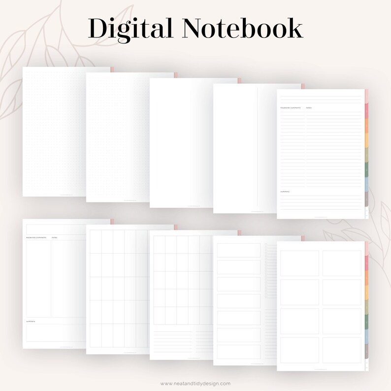 Puede incluir: Un cuaderno digital con varios dise&ntilde;os de p&aacute;gina, incluyendo p&aacute;ginas rayadas, cuadriculadas y en blanco. El cuaderno tiene un separador con pesta&ntilde;as de colores.