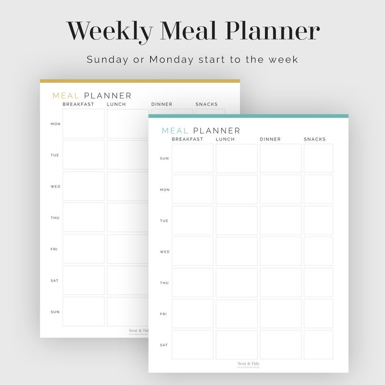 Weekly Meal Planner Sunday or Monday start Fillable | Etsy