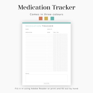 Medication Tracker - Health & Medical Log, Healthcare Planner, Medical Planner - Printable PDF - 3 colours - Instant Download image 2