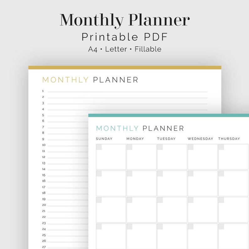 Monthly Planner Calendar & List View Fillable Time Etsy