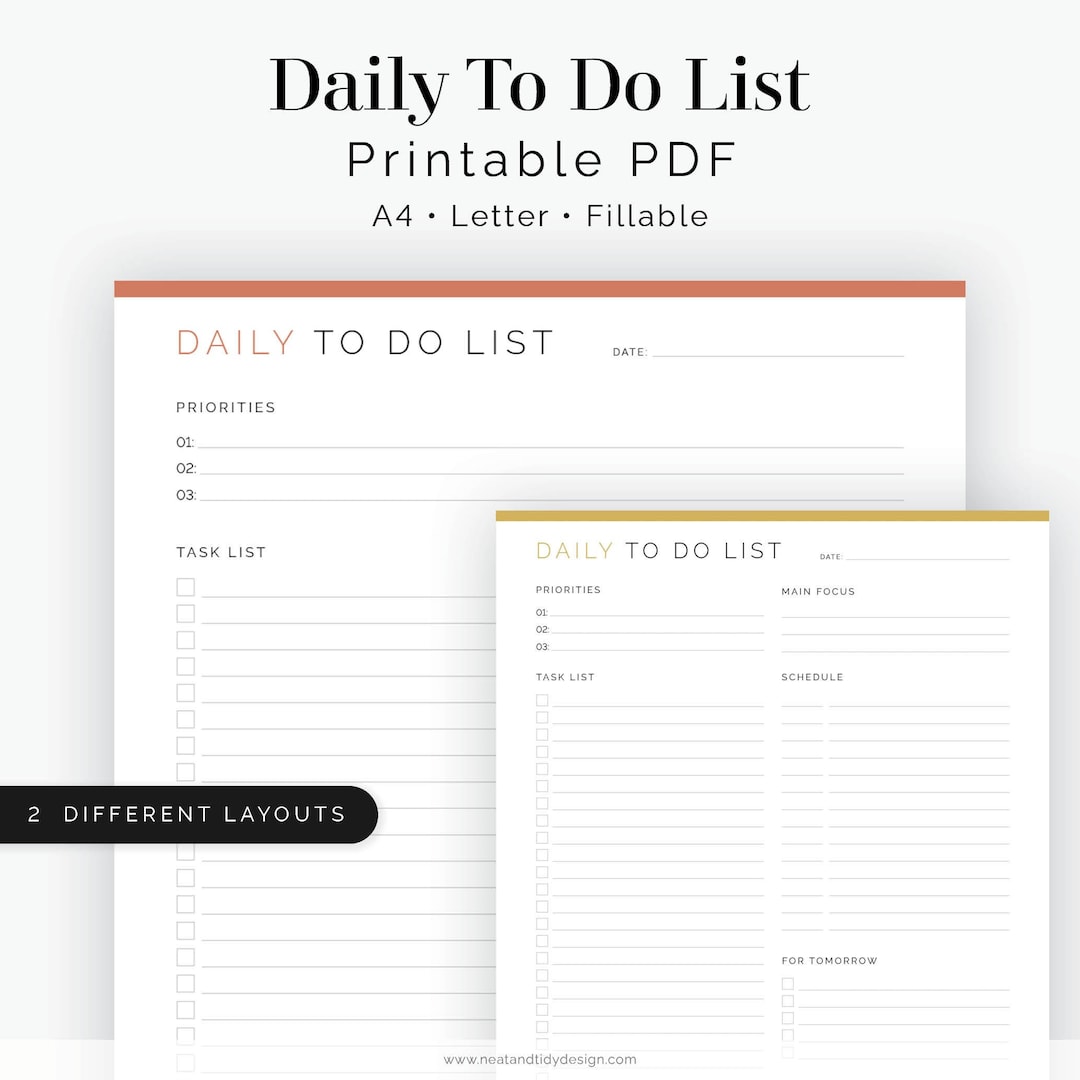 Daily to Do List (2 Layouts) - Fillable - Printable PDF - Task ...