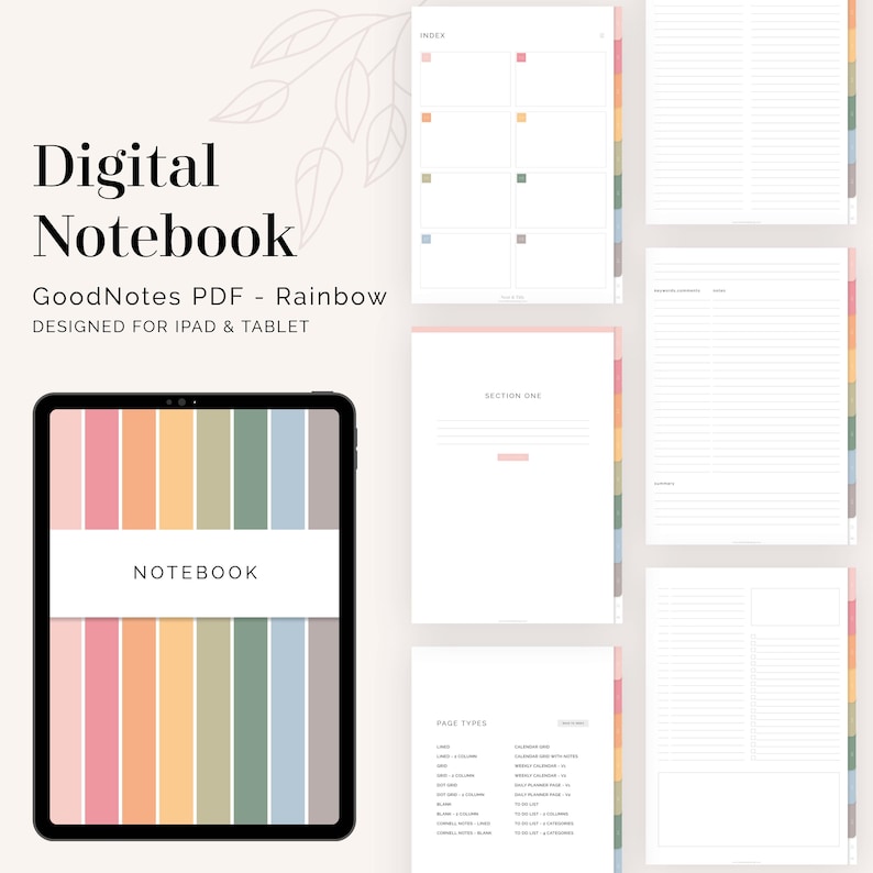 Puede incluir: Un cuaderno digital con un esquema de color arco&iacute;ris. La portada presenta la palabra "NOTEBOOK" en texto blanco. El cuaderno est&aacute; dise&ntilde;ado para su uso con la aplicaci&oacute;n GoodNotes en iPad y tableta.