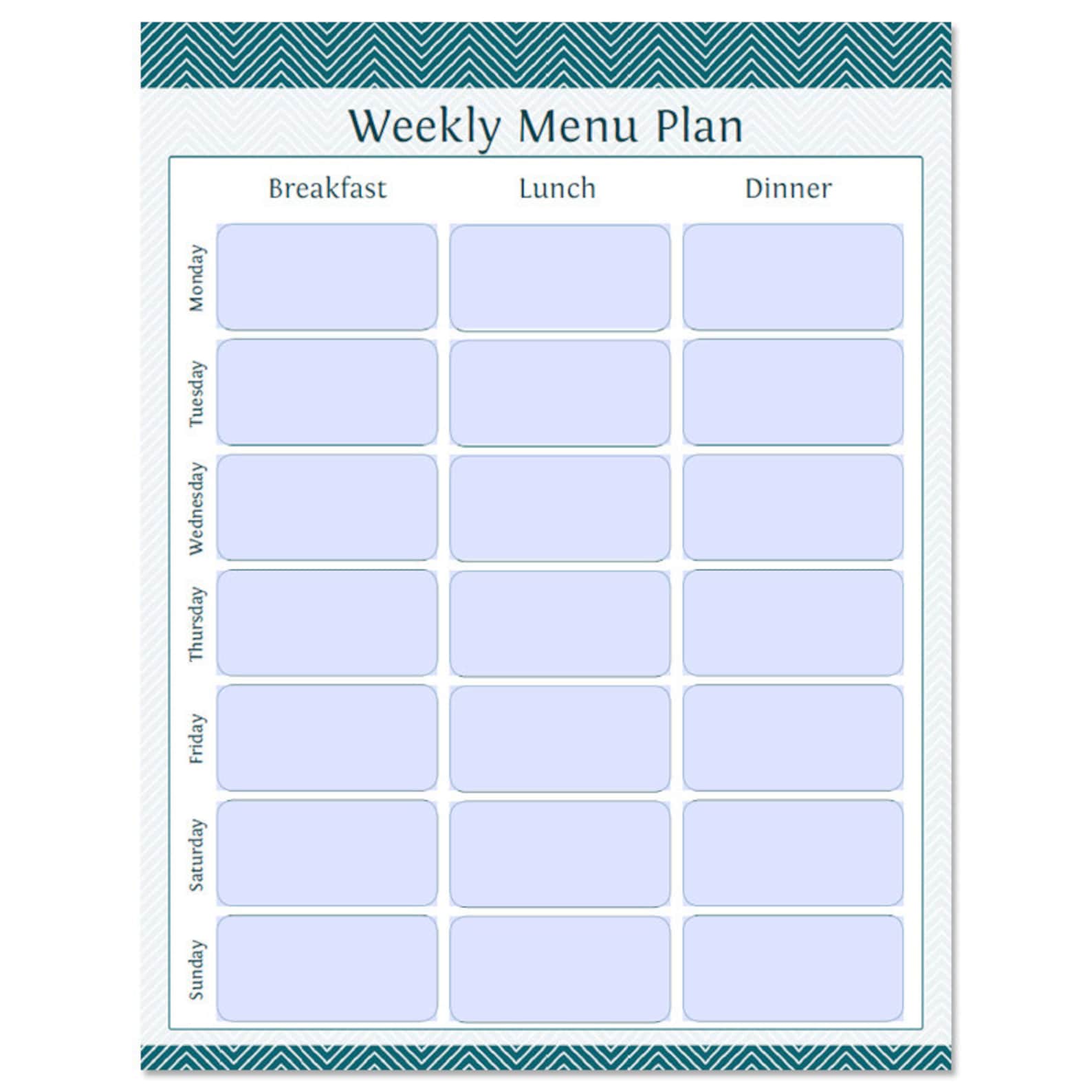 Weekly Menu Planner Fillable Household Binder Chevron Printable