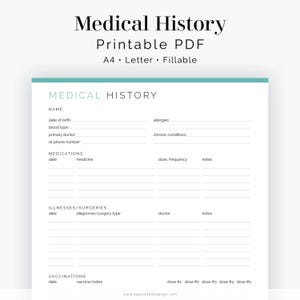 Medische geschiedenis | Gezondheids- en medisch logboek, zorgplanner, medische planner | Invulbare, afdrukbare pdf | Direct downloaden